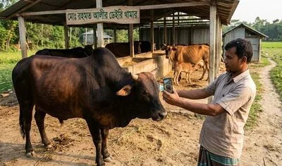 Farmer holding smartphone near cattle